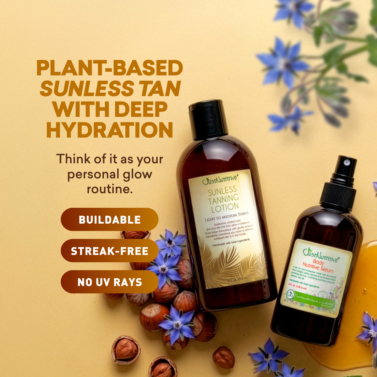 Sunless tanning lotion and spray with natural ingredients on a beige background with flowers.