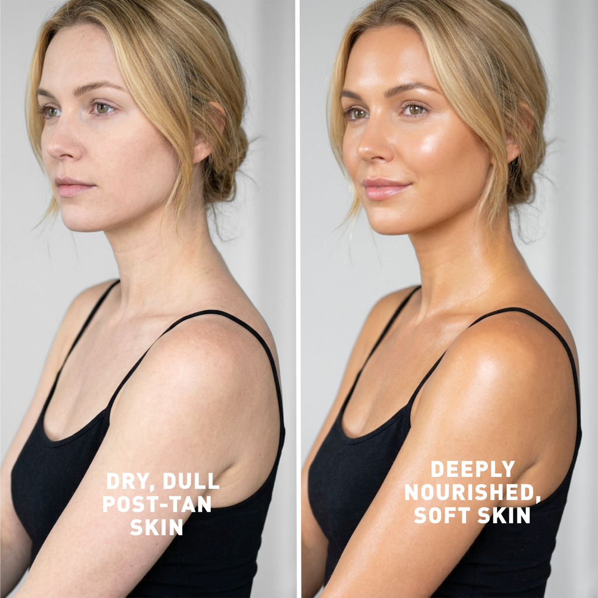Before and after comparison of a woman's skin with text labels on a white background