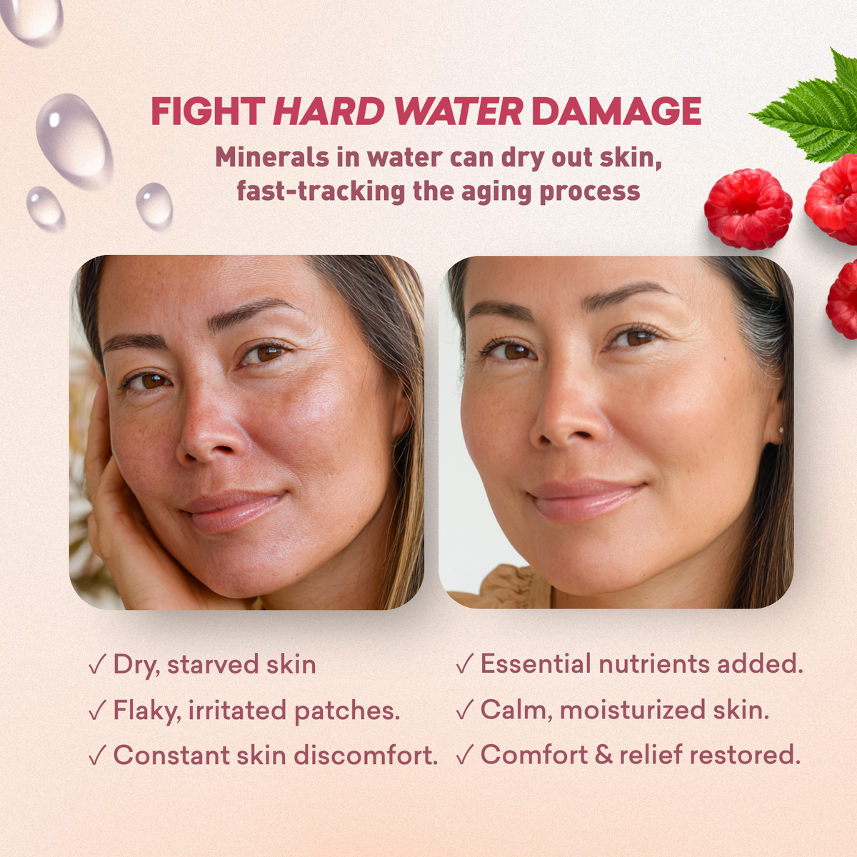 Advertisement for a product to fight hard water damage on skin, featuring two women and text about skin care benefits.